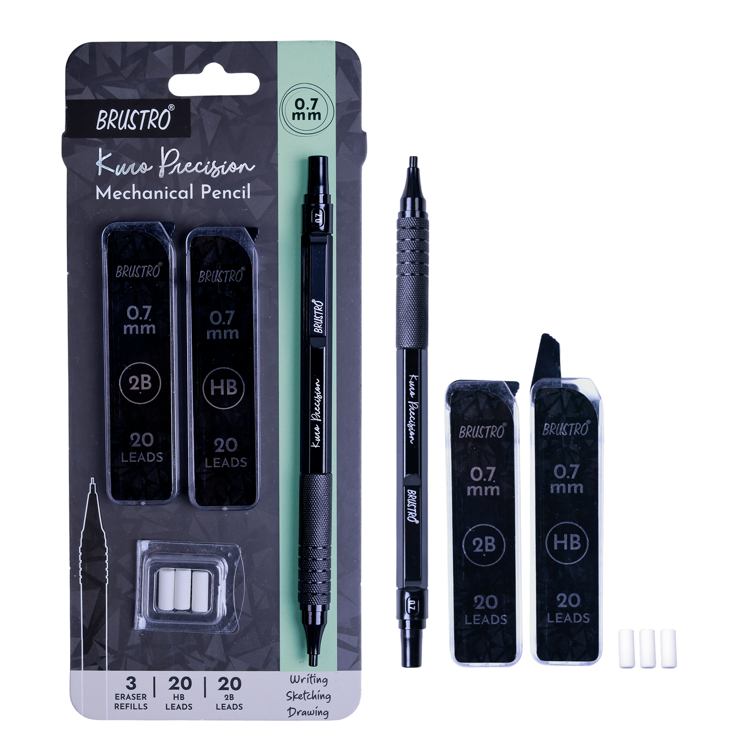 Brustro Kuro Precision Mechanical Pencil | Tip Size - 0.7mm With 20 - HB and 20 - 2B leads , 3 Eraser Refills| Ideal For Writing, Sketching, Drawing, Mandala Arts and Fine Art Students