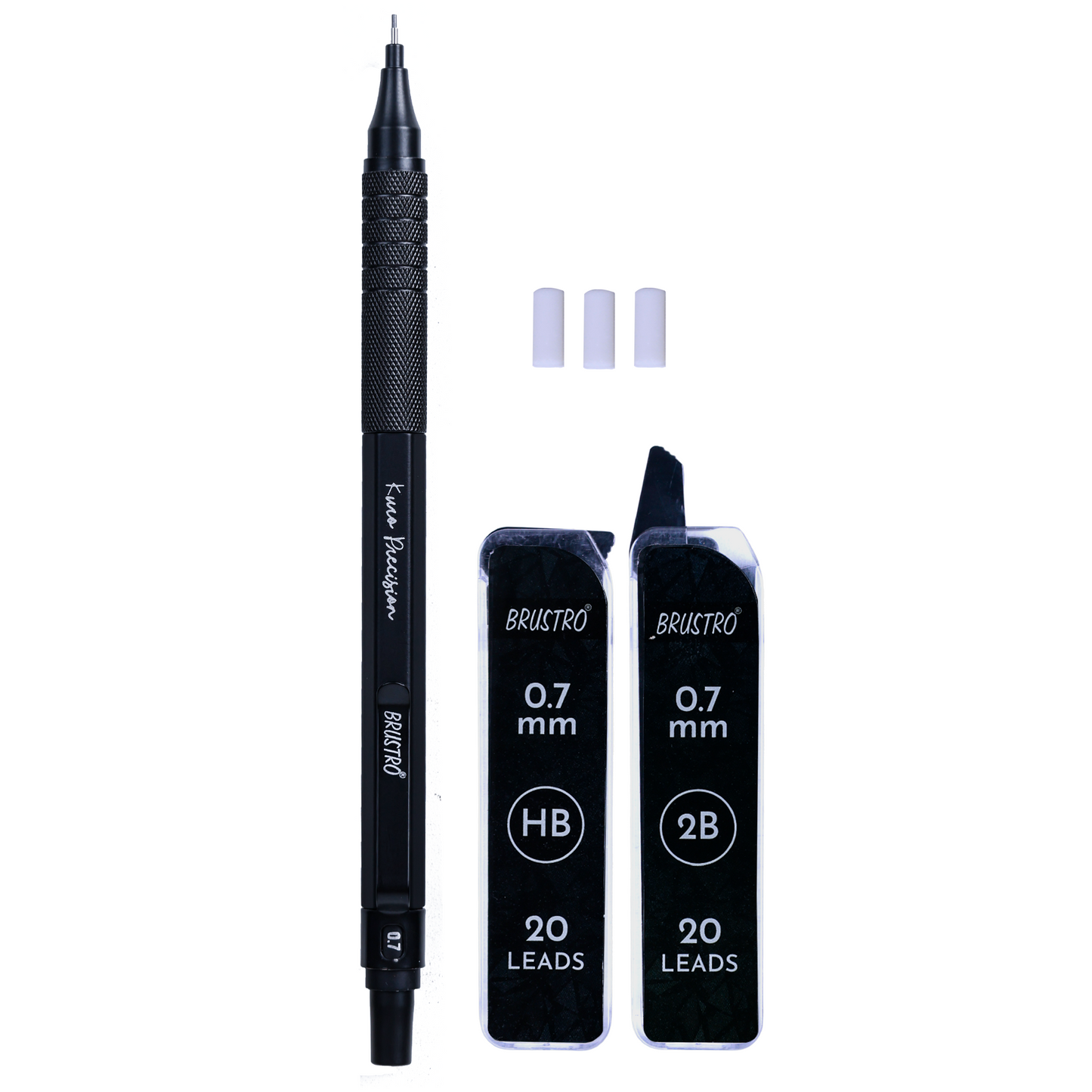 Brustro Kuro Precision Mechanical Pencil | Tip Size - 0.7mm With 20 - HB and 20 - 2B leads , 3 Eraser Refills