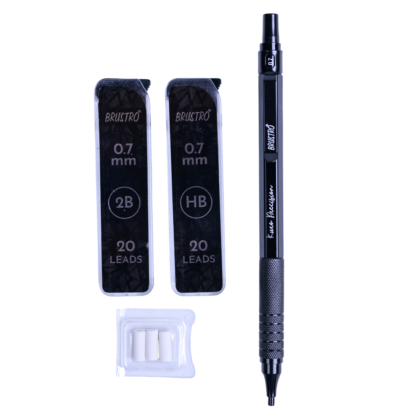 Brustro Kuro Precision Mechanical Pencil | Tip Size - 0.7mm With 20 - HB and 20 - 2B leads , 3 Eraser Refills| Ideal For Writing, Sketching, Drawing, Mandala Arts and Fine Art Students