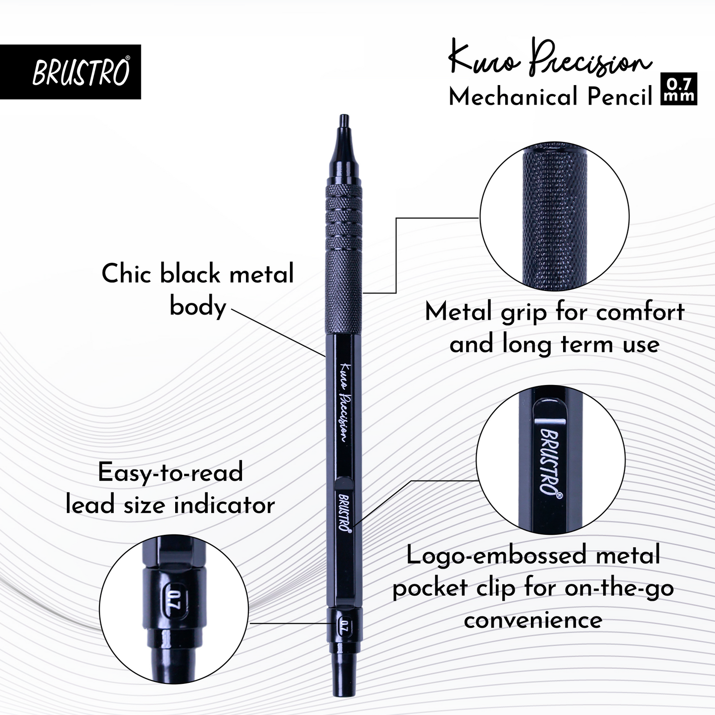 Brustro Kuro Precision Mechanical Pencil | Tip Size - 0.7mm With 20 - HB and 20 - 2B leads , 3 Eraser Refills