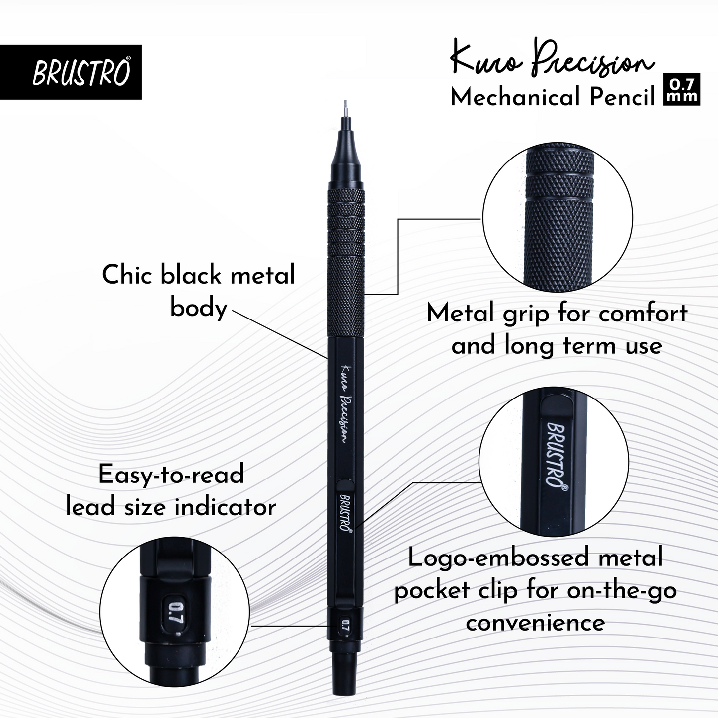 Brustro Kuro Precision Mechanical Pencil | Tip Size - 0.7mm With 20 - HB and 20 - 2B leads , 3 Eraser Refills