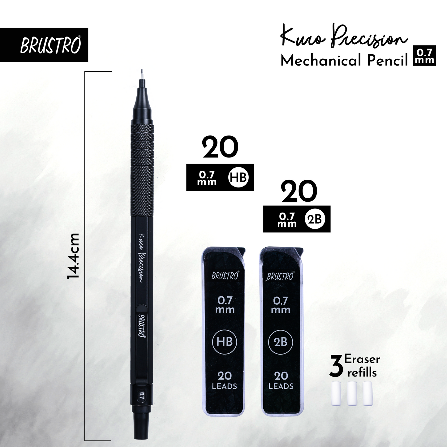 Brustro Kuro Precision Mechanical Pencil | Tip Size - 0.7mm With 20 - HB and 20 - 2B leads , 3 Eraser Refills