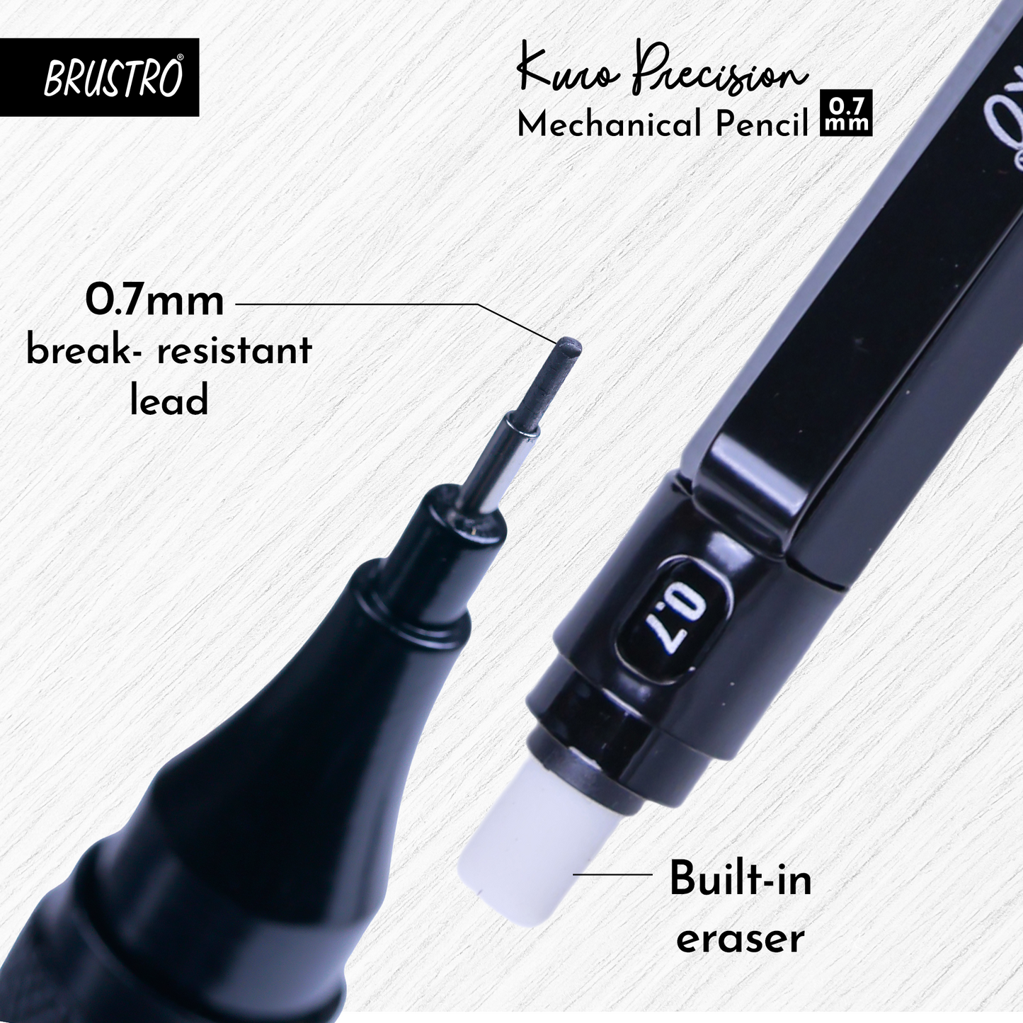 Brustro Kuro Precision Mechanical Pencil | Tip Size - 0.7mm With 20 - HB and 20 - 2B leads , 3 Eraser Refills