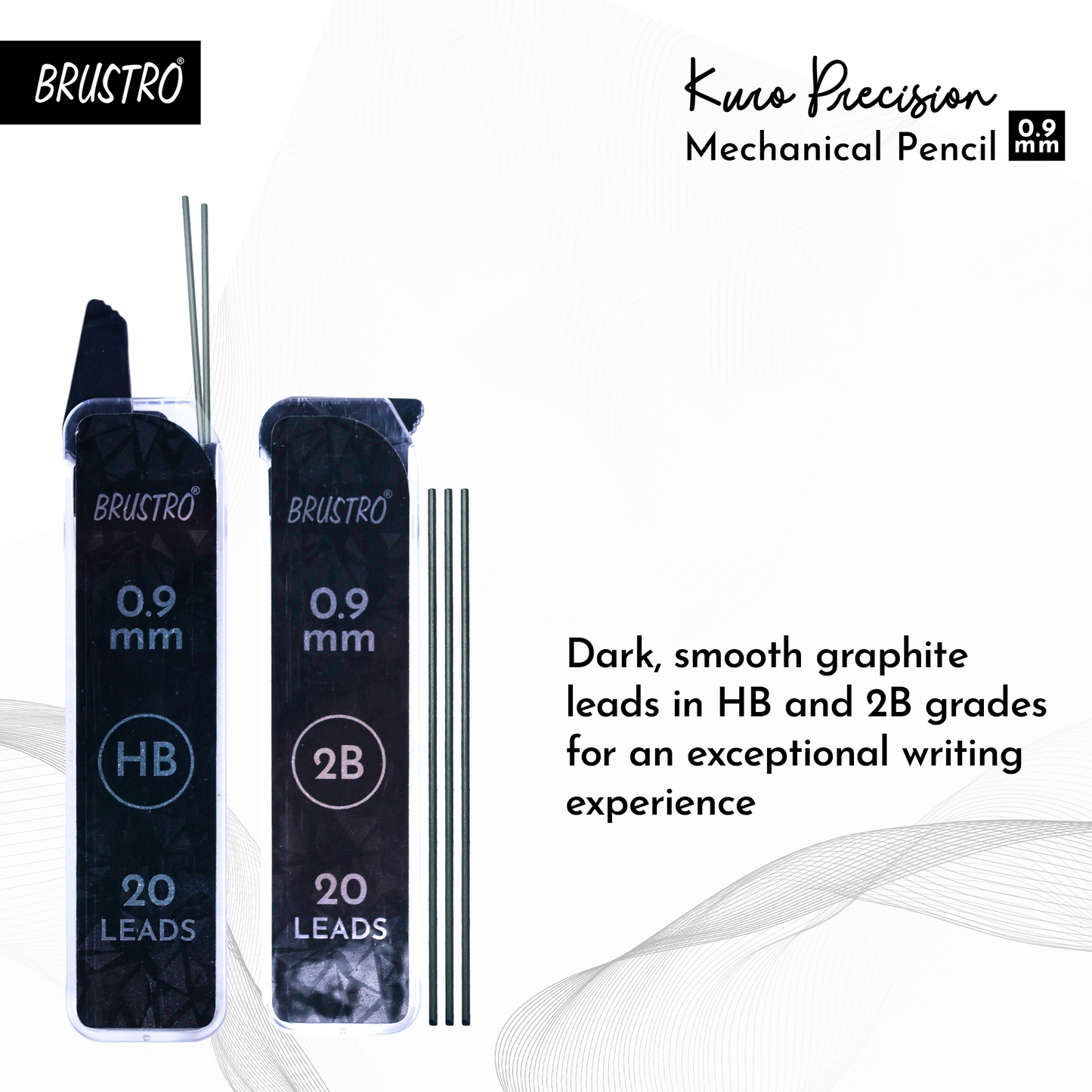 Brustro Kuro Precision Mechanical Pencil | Tip Size - 0.9mm With 20 - HB and 20 - 2B leads , 3 Eraser Refills
