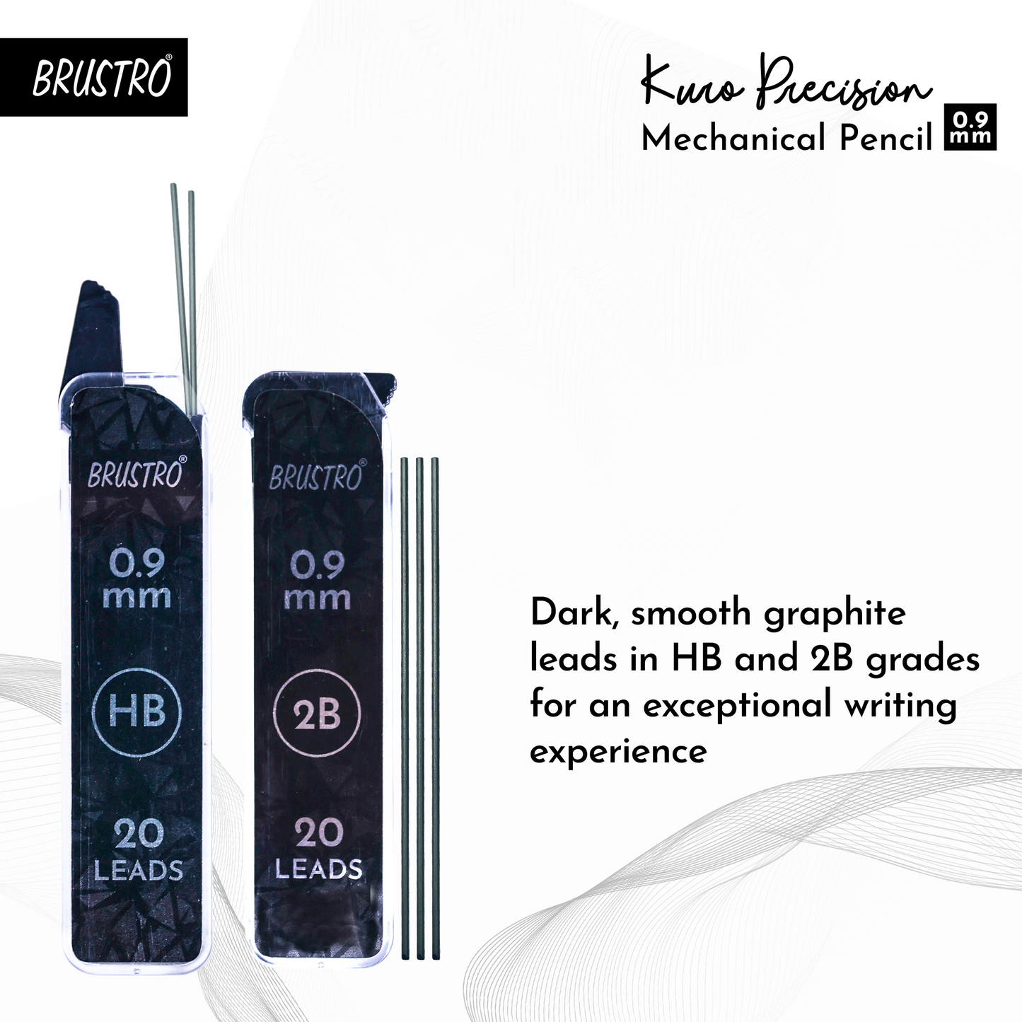 Brustro Kuro Precision Mechanical Pencil | Tip Size - 0.9mm With 20 - HB and 20 - 2B leads , 3 Eraser Refills