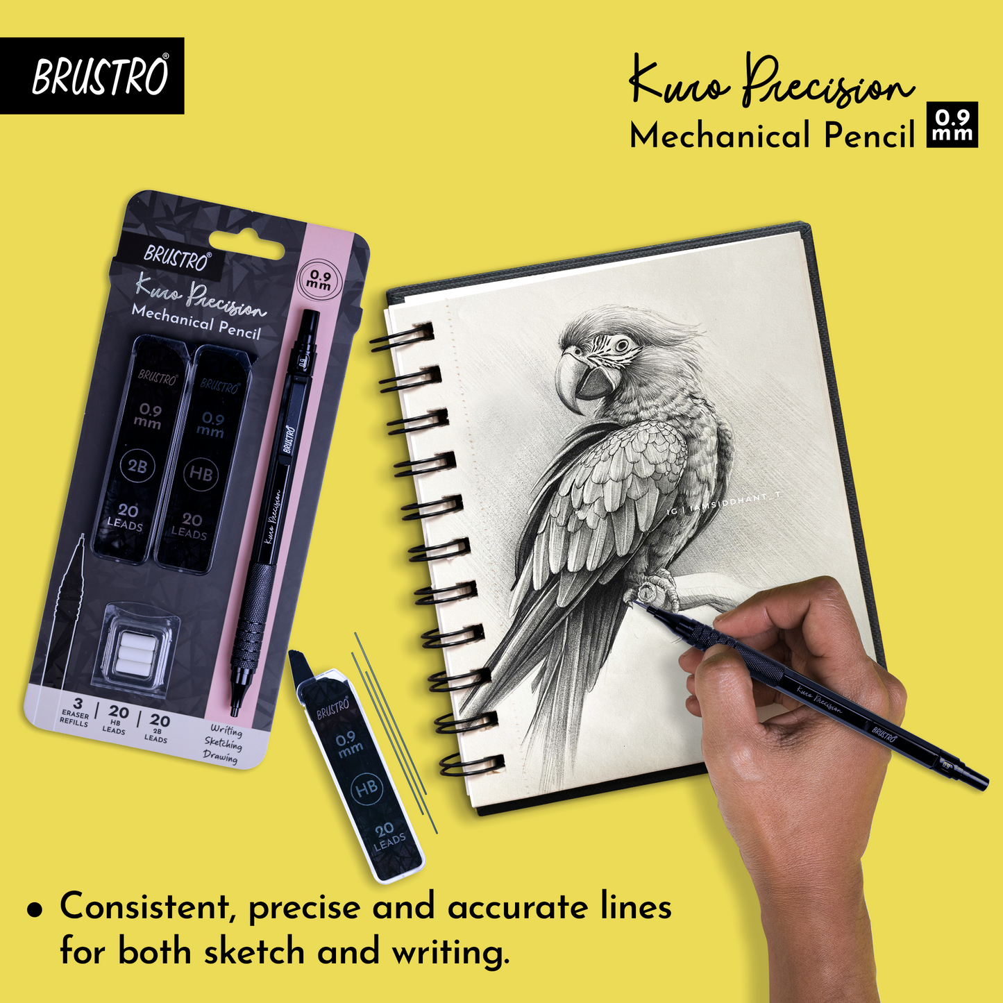 Brustro Kuro Precision Mechanical Pencil | Tip Size - 0.9mm With 20 - HB and 20 - 2B leads , 3 Eraser Refills