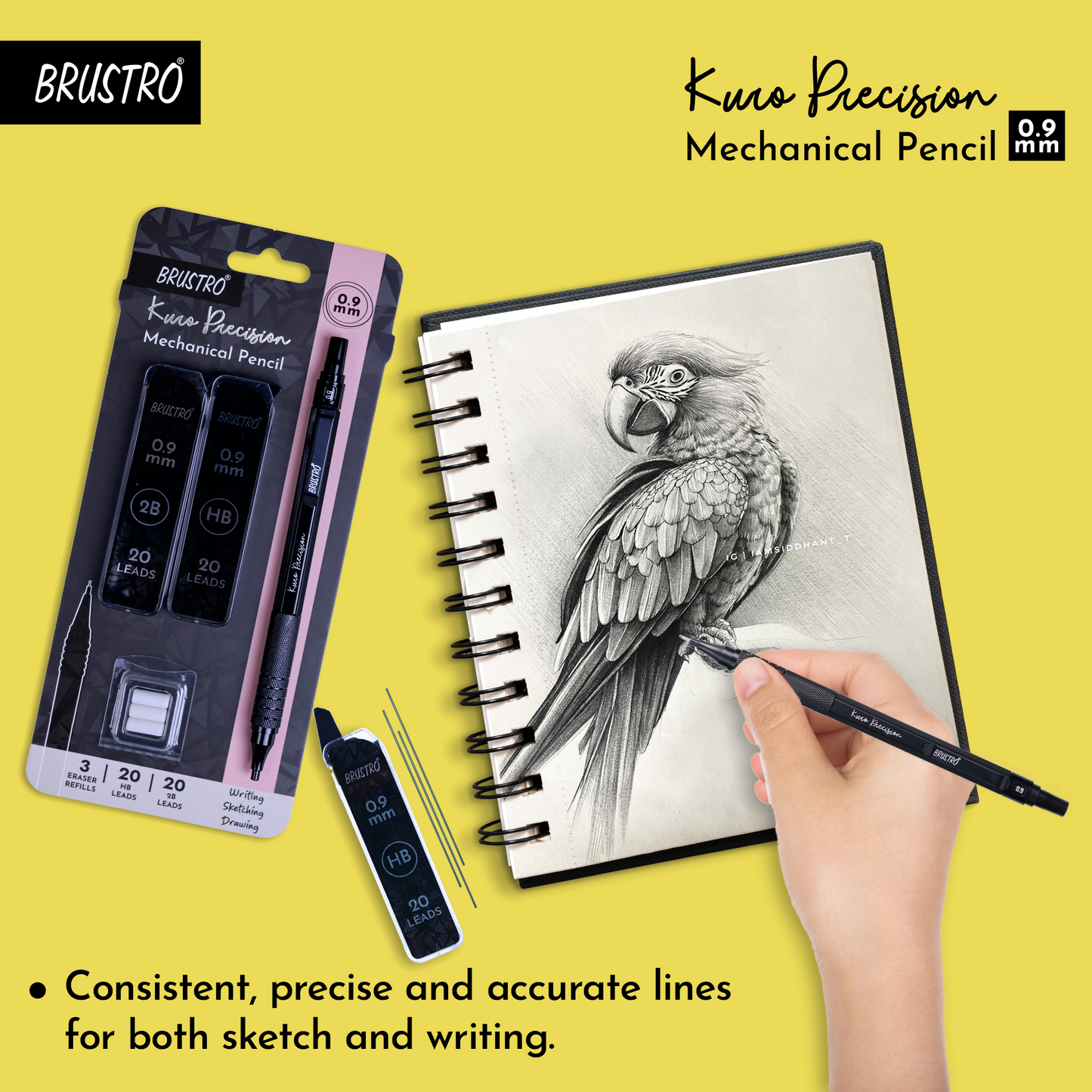 Brustro Kuro Precision Mechanical Pencil | Tip Size - 0.9mm With 20 - HB and 20 - 2B leads , 3 Eraser Refills