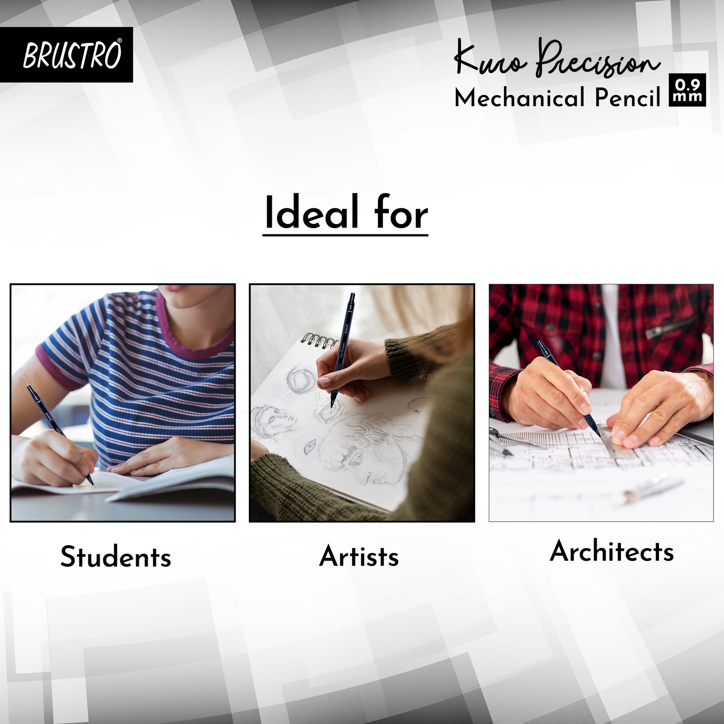 Brustro Kuro Precision Mechanical Pencil | Tip Size - 0.9mm With 20 - HB and 20 - 2B leads , 3 Eraser Refills