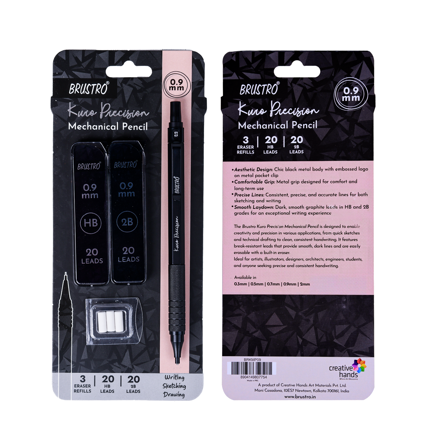 Brustro Kuro Precision Mechanical Pencil | Tip Size - 0.9mm With 20 - HB and 20 - 2B leads , 3 Eraser Refills
