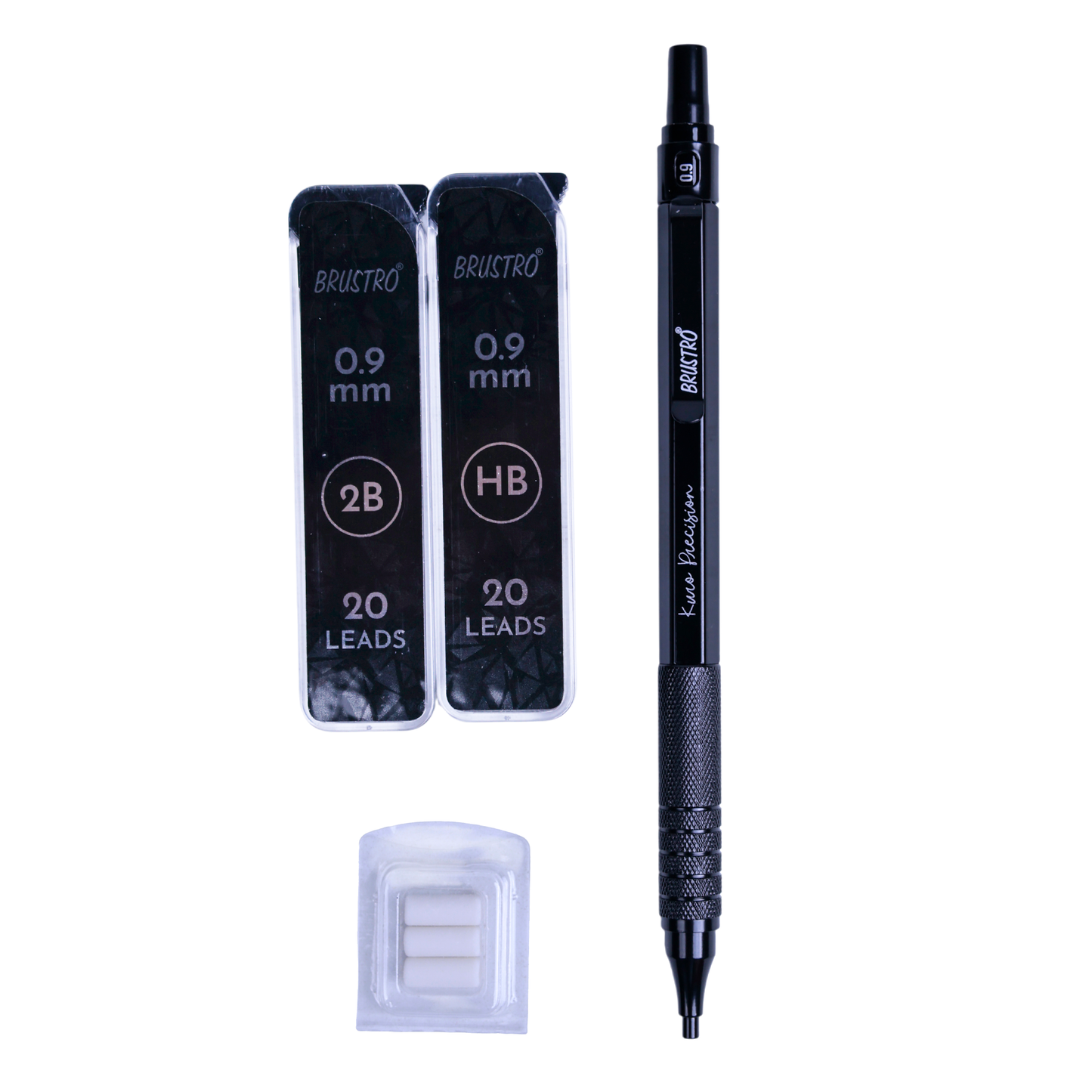 Brustro Kuro Precision Mechanical Pencil | Tip Size - 0.9mm With 20 - HB and 20 - 2B leads , 3 Eraser Refills| Ideal For Writing, Sketching, Drawing, Mandala Arts and Fine Art Students