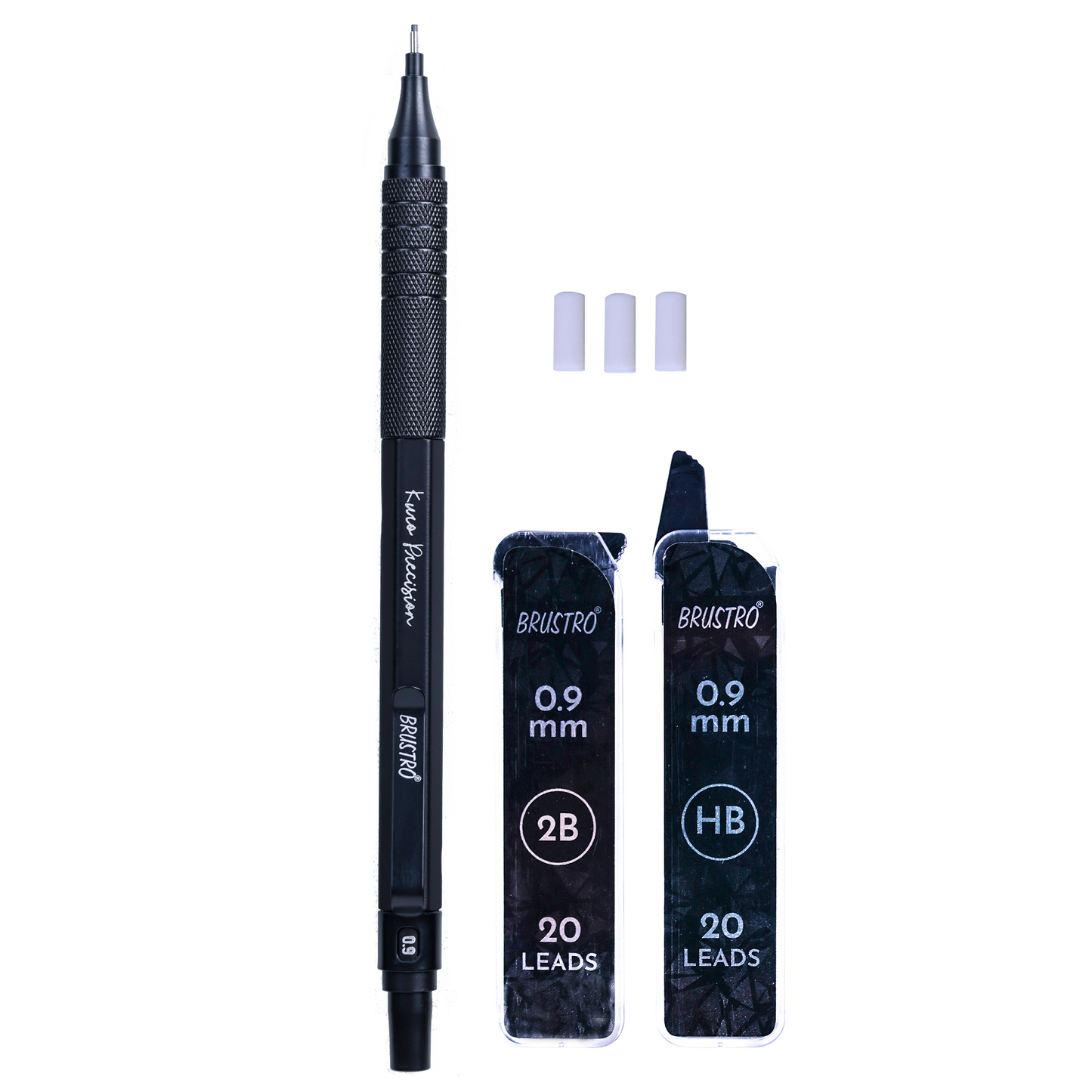 Brustro Kuro Precision Mechanical Pencil | Tip Size - 0.9mm With 20 - HB and 20 - 2B leads , 3 Eraser Refills