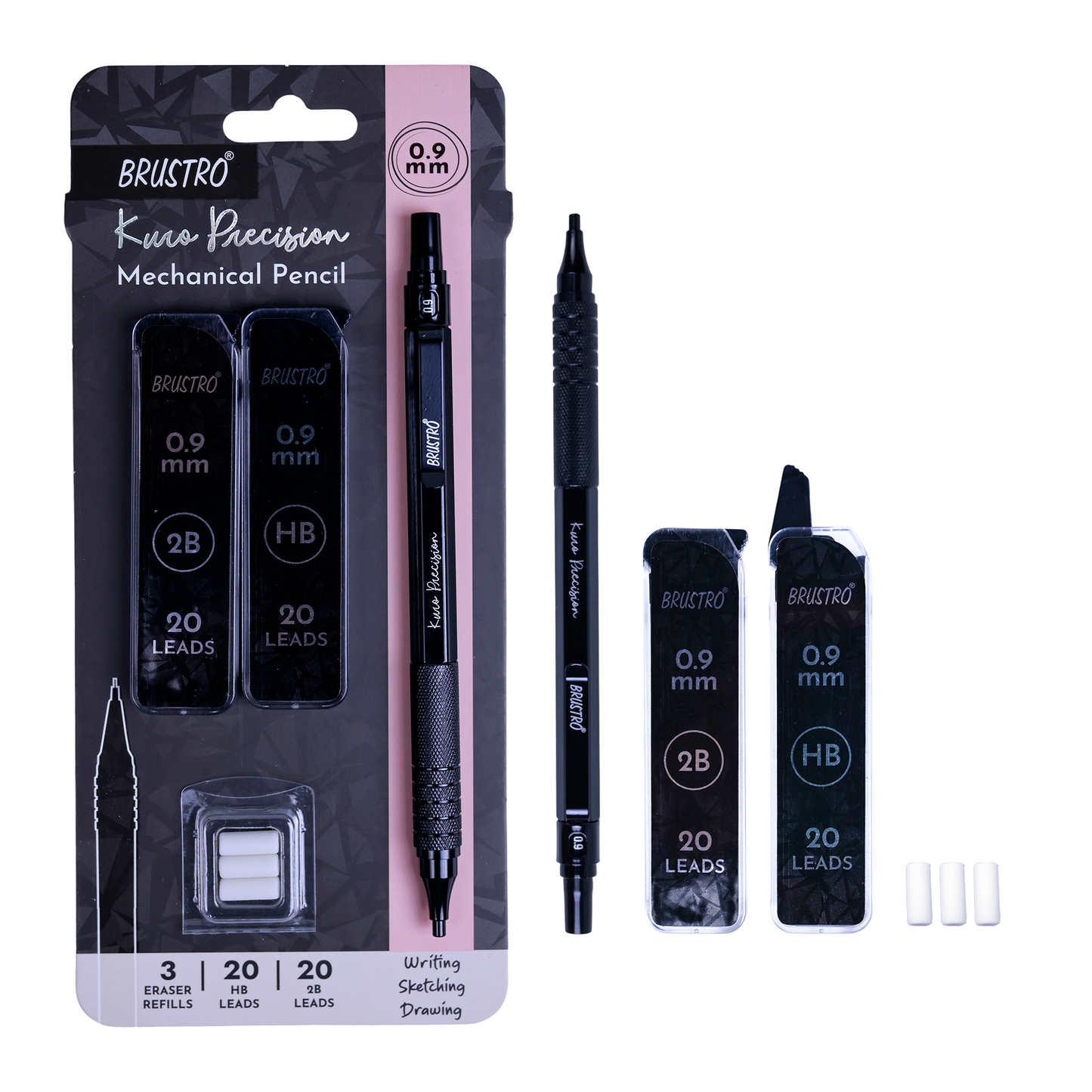 Brustro Kuro Precision Mechanical Pencil | Tip Size - 0.9mm With 20 - HB and 20 - 2B leads , 3 Eraser Refills| Ideal For Writing, Sketching, Drawing, Mandala Arts and Fine Art Students