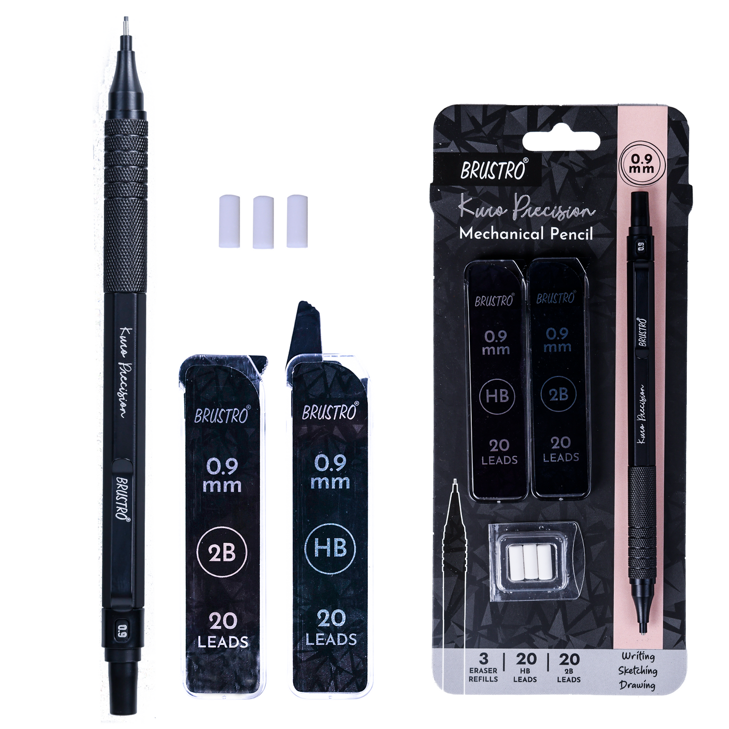 Brustro Kuro Precision Mechanical Pencil | Tip Size - 0.9mm With 20 - HB and 20 - 2B leads , 3 Eraser Refills