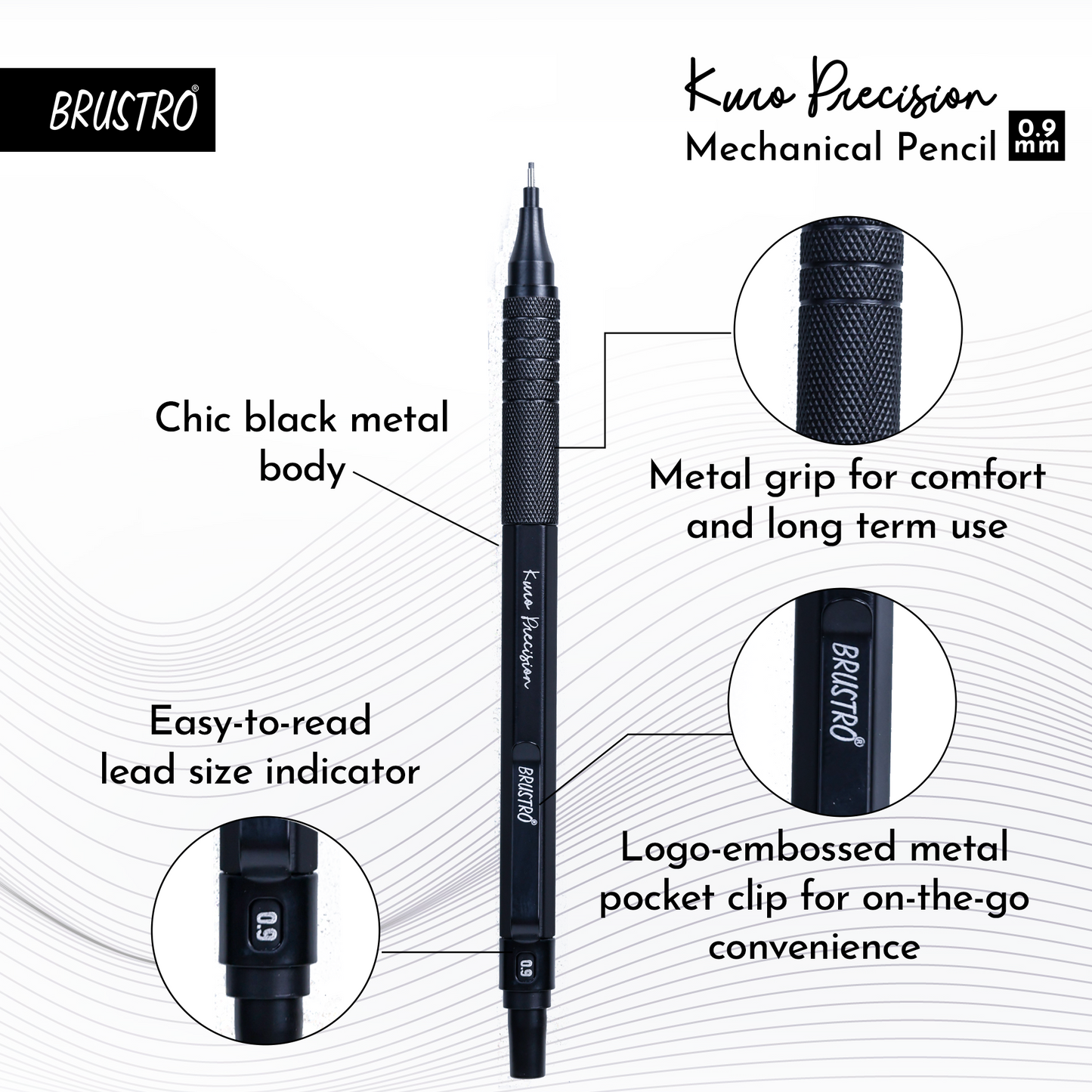 Brustro Kuro Precision Mechanical Pencil | Tip Size - 0.9mm With 20 - HB and 20 - 2B leads , 3 Eraser Refills