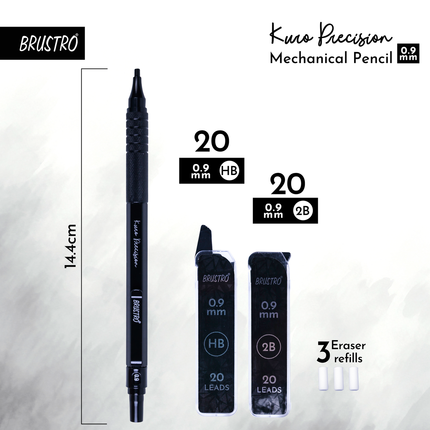 Brustro Kuro Precision Mechanical Pencil | Tip Size - 0.9mm With 20 - HB and 20 - 2B leads , 3 Eraser Refills