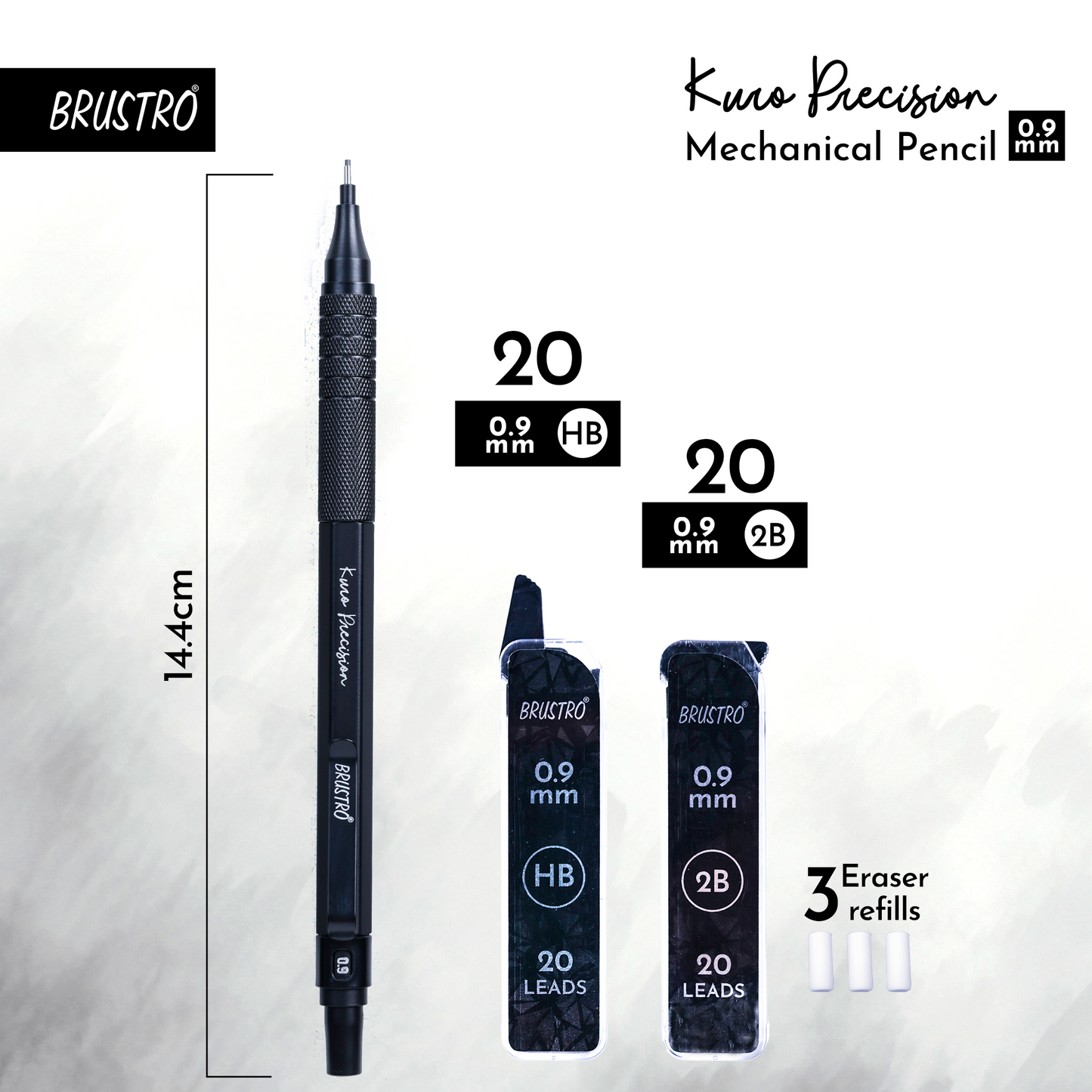 Brustro Kuro Precision Mechanical Pencil | Tip Size - 0.9mm With 20 - HB and 20 - 2B leads , 3 Eraser Refills