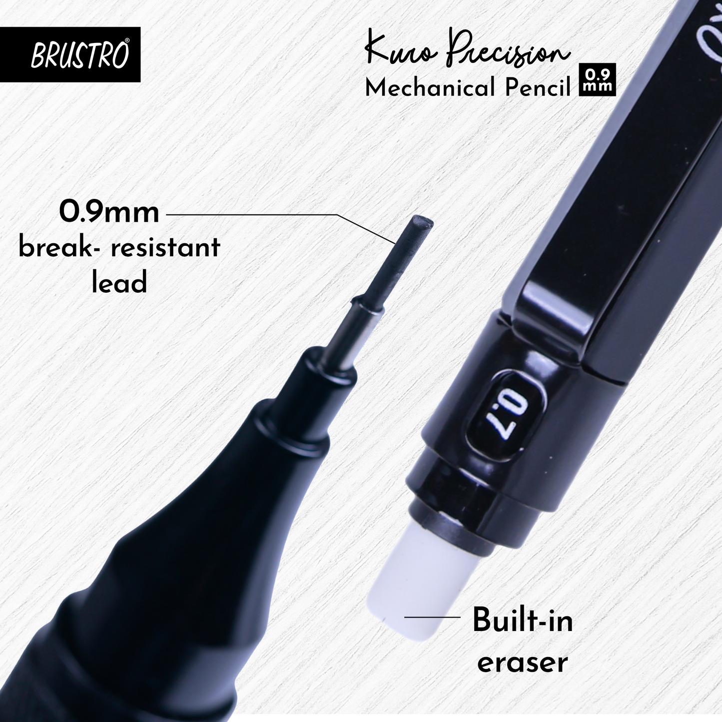 Brustro Kuro Precision Mechanical Pencil | Tip Size - 0.9mm With 20 - HB and 20 - 2B leads , 3 Eraser Refills