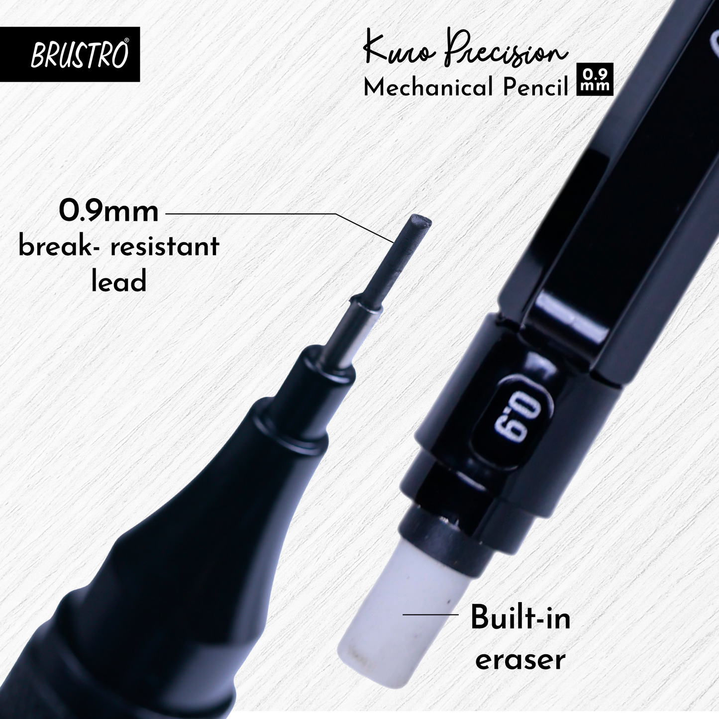 Brustro Kuro Precision Mechanical Pencil | Tip Size - 0.9mm With 20 - HB and 20 - 2B leads , 3 Eraser Refills