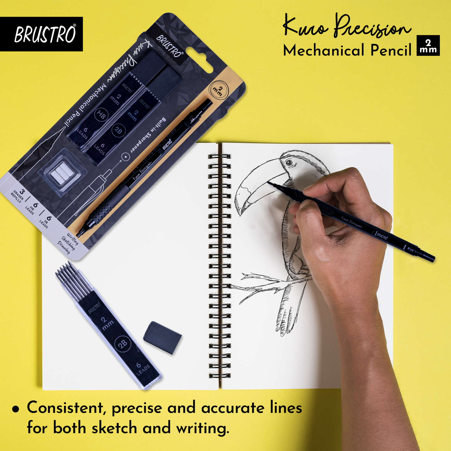 Brustro Kuro Precision Mechanical Pencil |Tip Size- 2mm With 6- HB and 6- 2B Leads , Built-in-Sharpener, 3 Eraser Refill