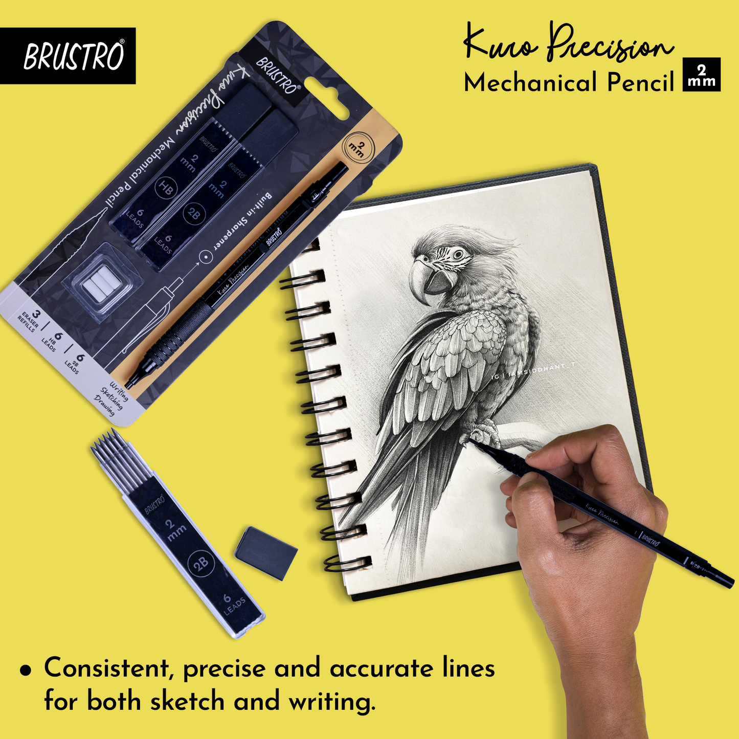 Brustro Kuro Precision Mechanical Pencil |Tip Size- 2mm With 6- HB and 6- 2B Leads , Built-in-Sharpener, 3 Eraser Refill