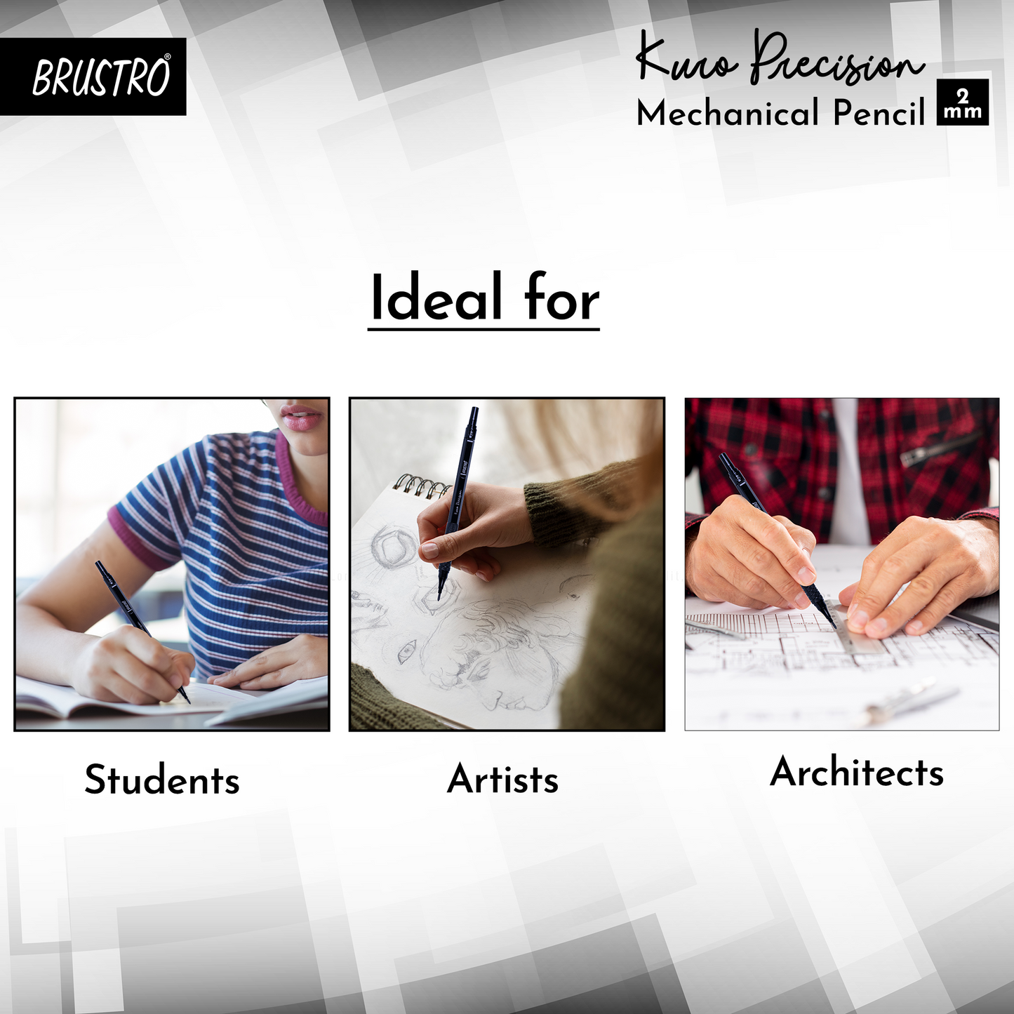 Brustro Kuro Precision Mechanical Pencil |Tip Size- 2mm With 6- HB and 6- 2B Leads , Built-in-Sharpener, 3 Eraser Refill