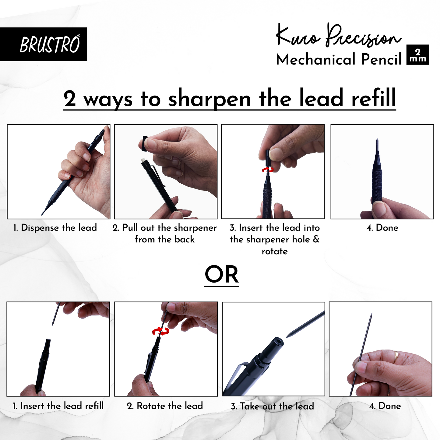 Brustro Kuro Precision Mechanical Pencil |Tip Size- 2mm With 6- HB and 6- 2B Leads , Built-in-Sharpener, 3 Eraser Refill