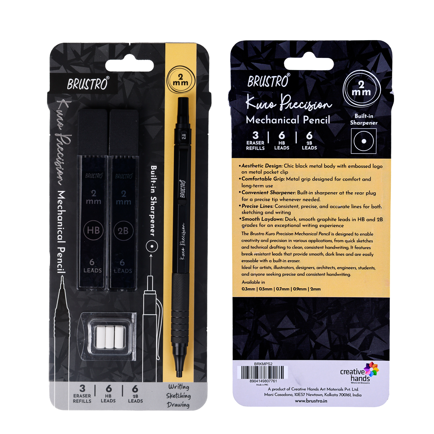 Brustro Kuro Precision Mechanical Pencil |Tip Size- 2mm With 6- HB and 6- 2B Leads , Built-in-Sharpener, 3 Eraser Refill