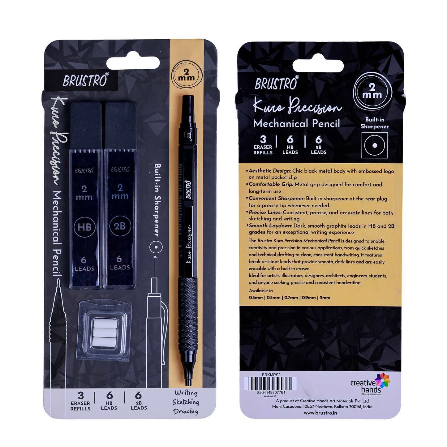 Brustro Kuro Precision Mechanical Pencil |Tip Size- 2mm With 6- HB and 6- 2B Leads , Built-in-Sharpener, 3 Eraser Refill|Ideal For Writing, Sketching, Drawing, Mandala Arts and Fine Art Students