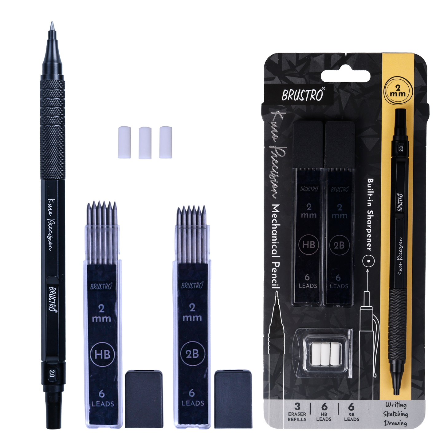 Brustro Kuro Precision Mechanical Pencil |Tip Size- 2mm With 6- HB and 6- 2B Leads , Built-in-Sharpener, 3 Eraser Refill