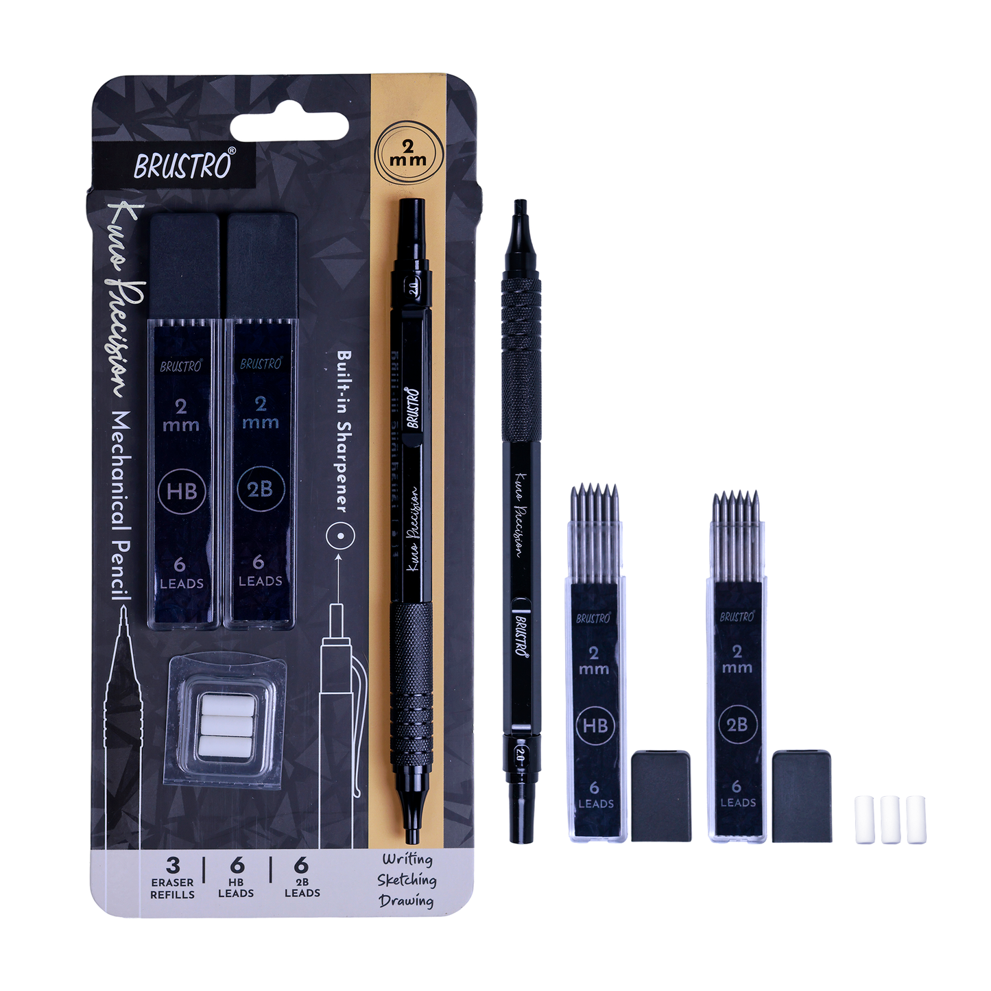 Brustro Kuro Precision Mechanical Pencil |Tip Size- 2mm With 6- HB and 6- 2B Leads , Built-in-Sharpener, 3 Eraser Refill|Ideal For Writing, Sketching, Drawing, Mandala Arts and Fine Art Students