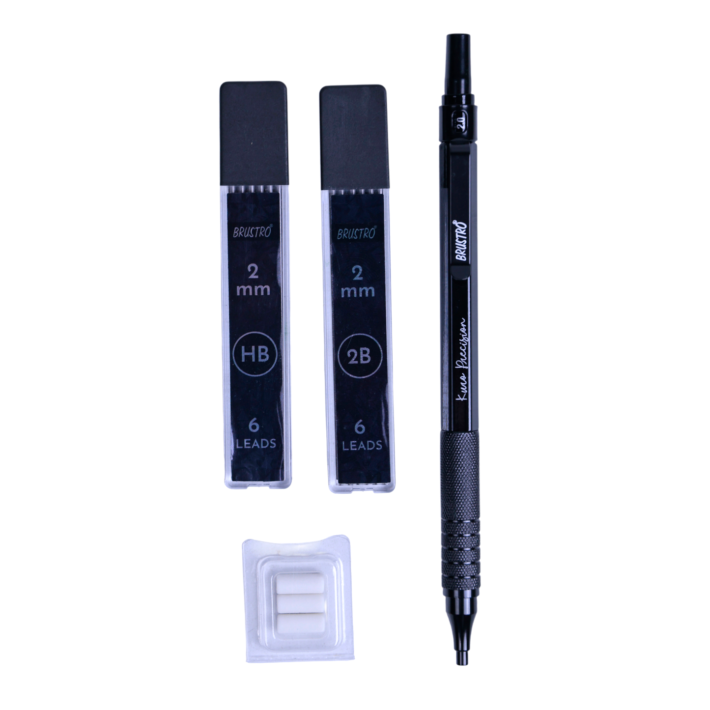 Brustro Kuro Precision Mechanical Pencil |Tip Size- 2mm With 6- HB and 6- 2B Leads , Built-in-Sharpener, 3 Eraser Refill|Ideal For Writing, Sketching, Drawing, Mandala Arts and Fine Art Students