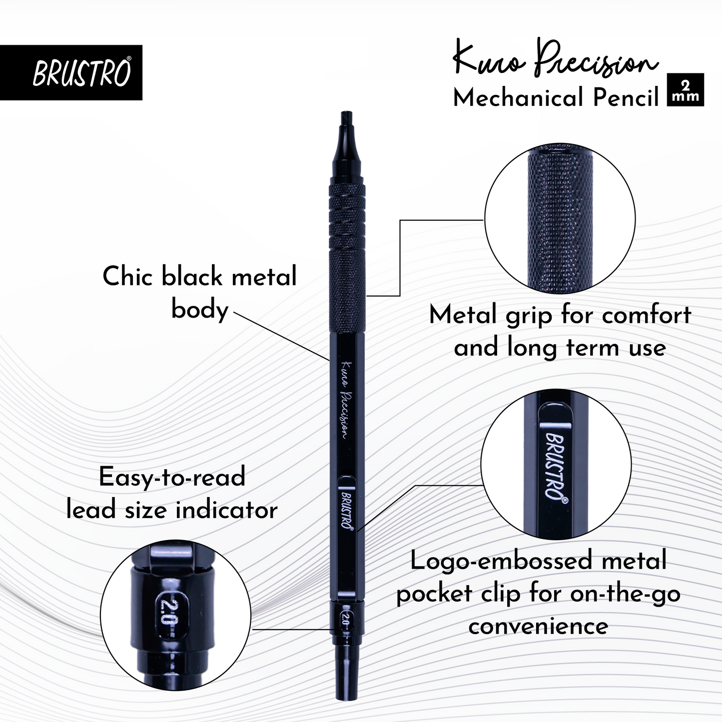 Brustro Kuro Precision Mechanical Pencil |Tip Size- 2mm With 6- HB and 6- 2B Leads , Built-in-Sharpener, 3 Eraser Refill