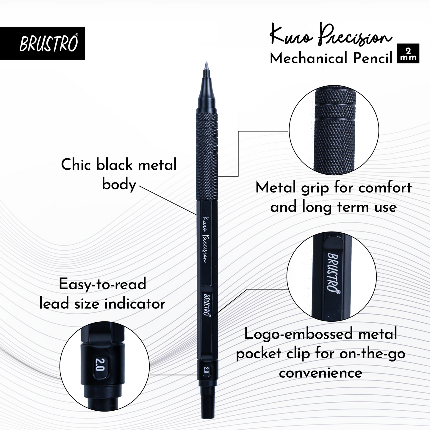 Brustro Kuro Precision Mechanical Pencil |Tip Size- 2mm With 6- HB and 6- 2B Leads , Built-in-Sharpener, 3 Eraser Refill