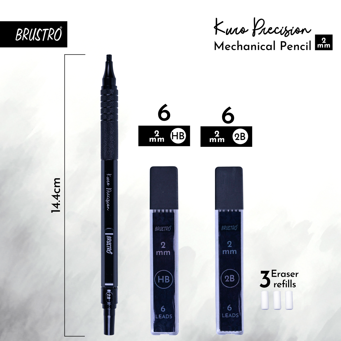 Brustro Kuro Precision Mechanical Pencil |Tip Size- 2mm With 6- HB and 6- 2B Leads , Built-in-Sharpener, 3 Eraser Refill
