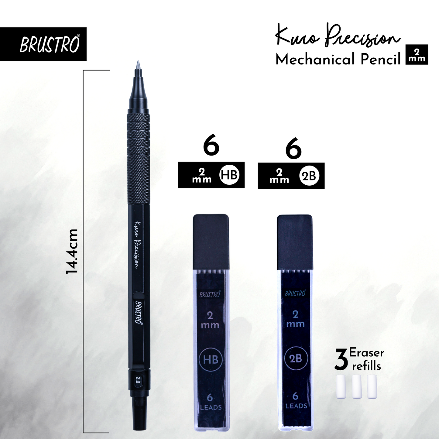 Brustro Kuro Precision Mechanical Pencil |Tip Size- 2mm With 6- HB and 6- 2B Leads , Built-in-Sharpener, 3 Eraser Refill