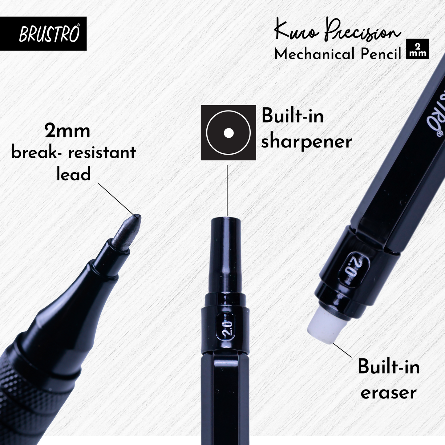 Brustro Kuro Precision Mechanical Pencil |Tip Size- 2mm With 6- HB and 6- 2B Leads , Built-in-Sharpener, 3 Eraser Refill