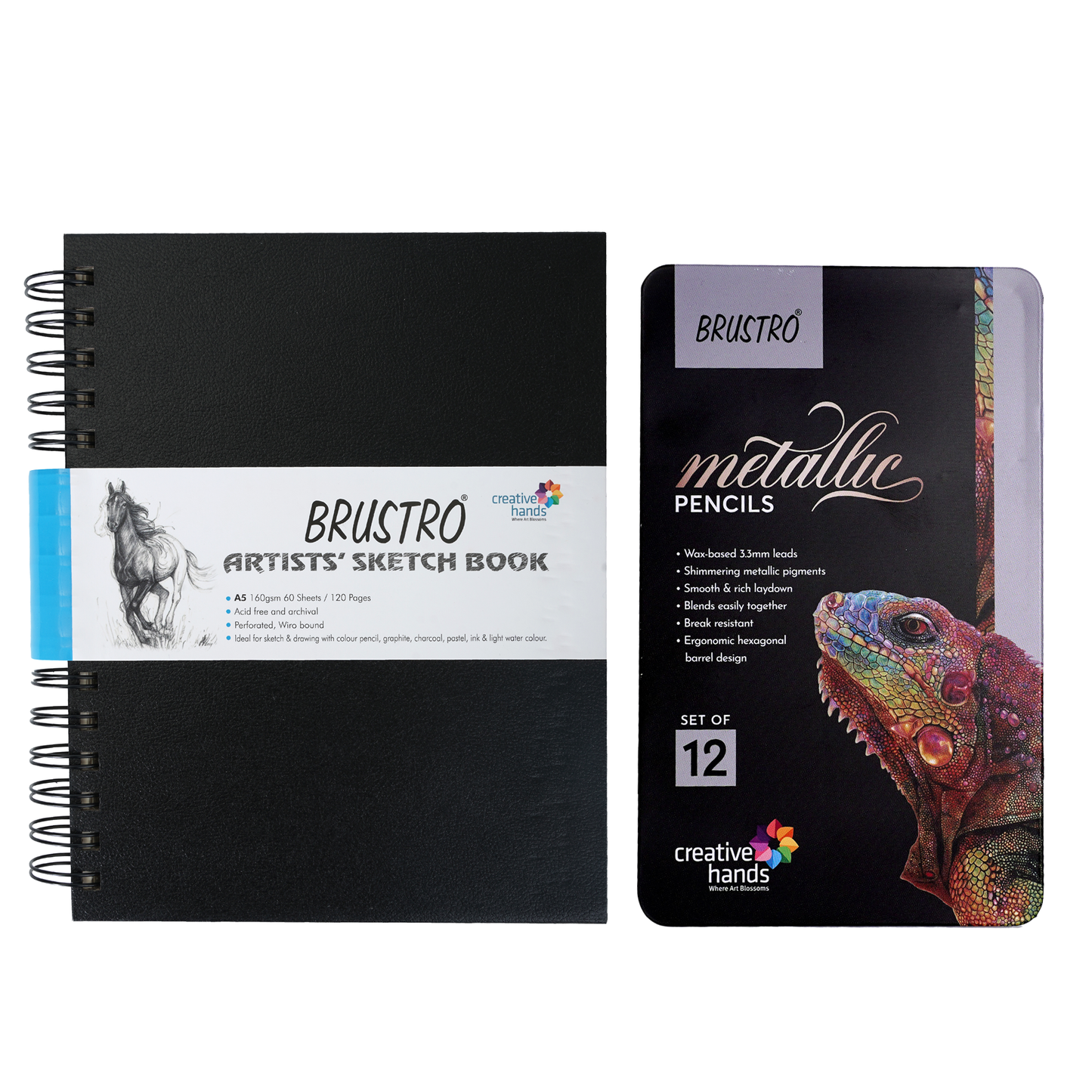BRUSTRO Artist Metallic Colour Pencil Set of 12 Shades, 3.3mm lead With Wiro Bound Sketch Book, A5 (5.8x8.3 Inches), 120 Pages, 160 GSM|Ideal for Drawing, Sketching, Shading,Mandala Art