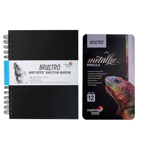 BRUSTRO Artist Metallic Colour Pencil Set of 12 Shades, 3.3mm lead With Wiro Bound Sketch Book, A5 (5.8x8.3 Inches), 120 Pages, 160 GSM|Ideal for Drawing, Sketching, Shading,Mandala Art