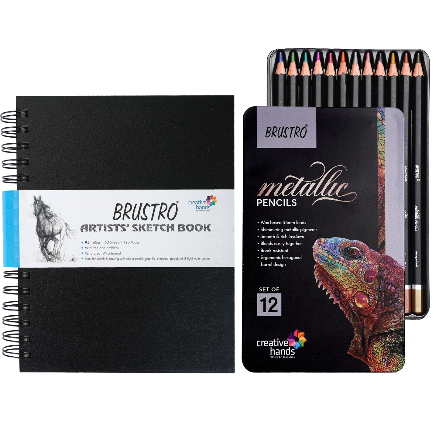 BRUSTRO Artist Metallic Colour Pencil Set of 12 Shades, 3.3mm lead With Wiro Bound Sketch Book, A5 (5.8x8.3 Inches), 120 Pages, 160 GSM|Ideal for Drawing, Sketching, Shading,Mandala Art