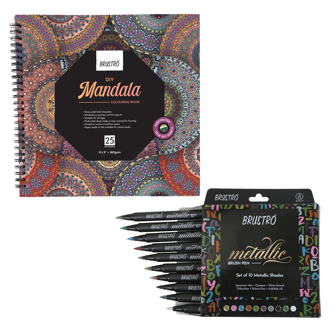 Brustro DIY Mandala Colouring Book 9"x9" 160 GSM 25 Perforated Sheets & Brustro Metallic Brush Pens - Soft Brush Tip for Calligraphy, Hand Lettering, Colouring, Card Making - Set of 10 Colors