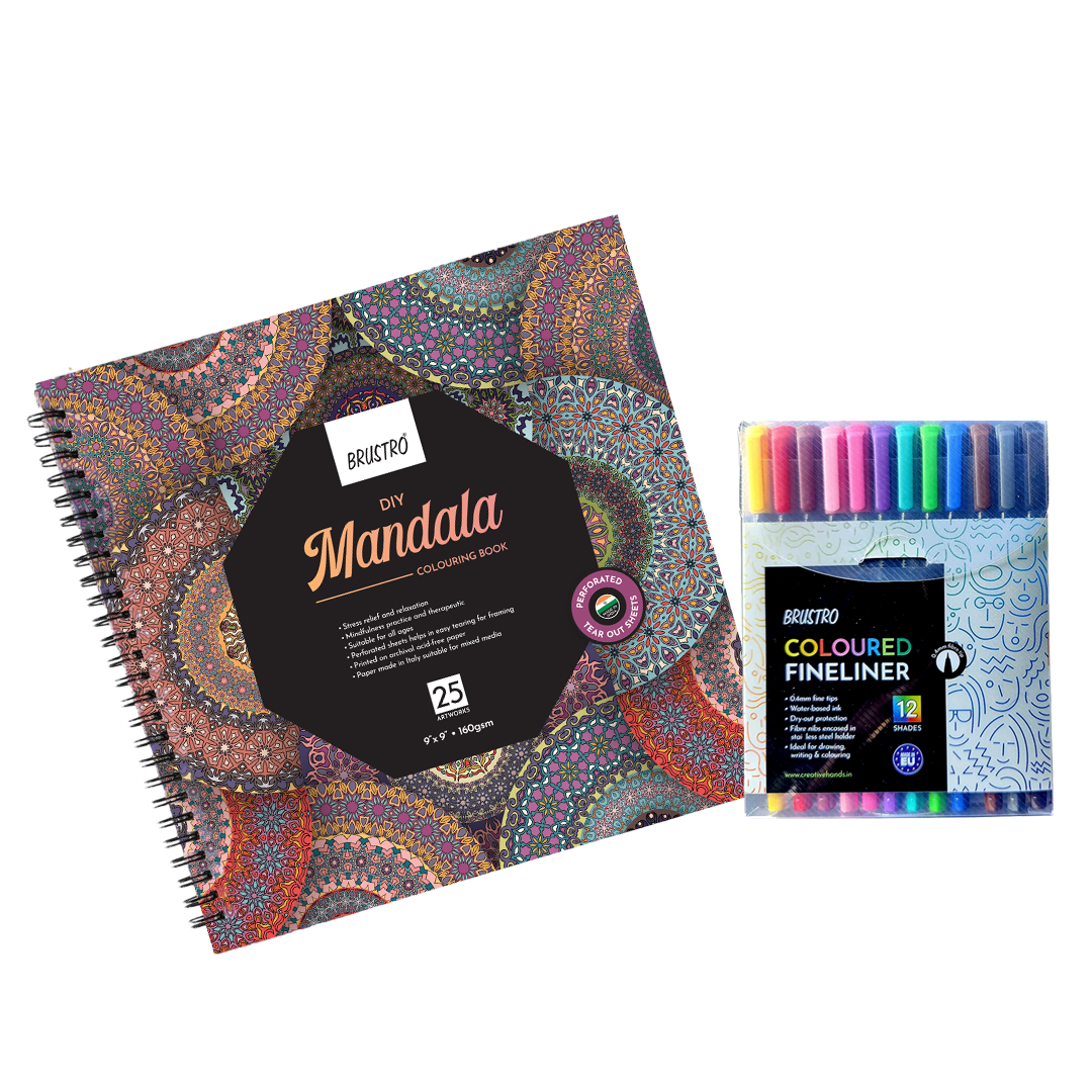 Brustro DIY Mandala Colouring Book 9"x9" 160 GSM 25 Perforated Sheets & Brustro Coloured Fineliner set of 12 (Assorted Colours), 0.4mm, for writing, drawing, doodles, mandala