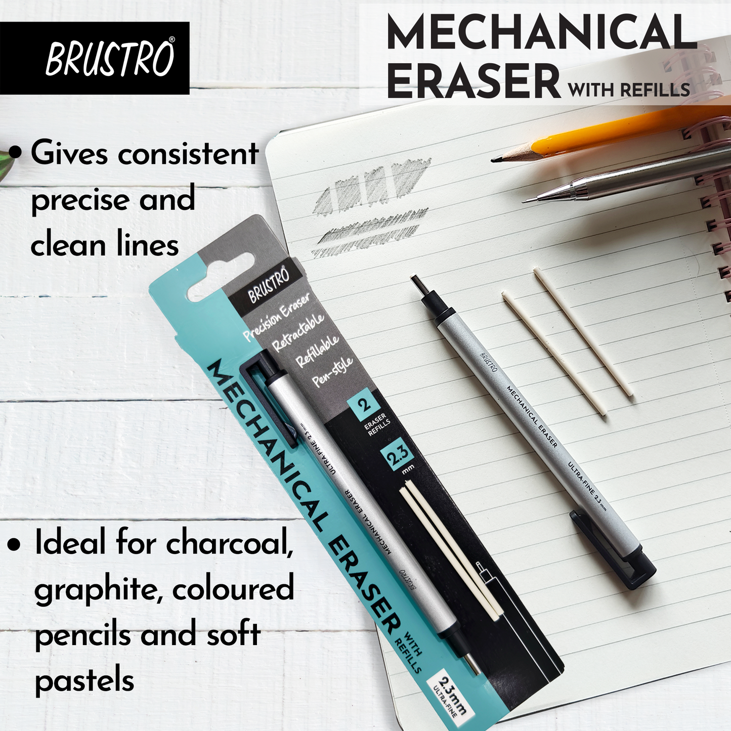 BRUSTRO Fine Art Graphite Pencil - Set of 12 (10B - 2H) with Mechanical Precision Retractable Eraser(2.3mm) | Ideal for Drawing,Sketching,Mandala,Shading,Artwork, Beginners, Artist's and Professionals