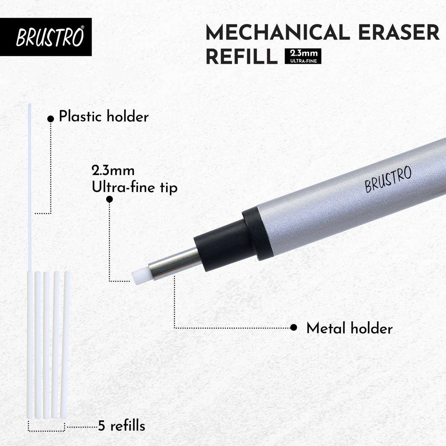 Brustro Mechanical Eraser Refill, Ultra-Fine Precision Leads - 2.3 mm,Pack of 5 Refills with Plastic Holder | Long Lasting, Clean Accurate Erasing for Technical Drawings of Charcoal, Graphite Sketches