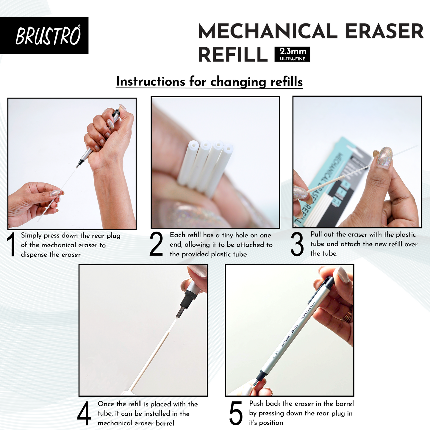 Brustro Mechanical Eraser Refill, Ultra-Fine Precision Leads - 2.3 mm,Pack of 5 Refills with Plastic Holder | Long Lasting, Clean Accurate Erasing for Technical Drawings of Charcoal, Graphite Sketches