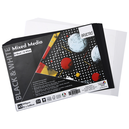 Brustro Artist Mixed Media Paper - A5, 200 GSM, Set of 24 (12 Black+12 White Sheets) | Ideal for Charcoal, Graphite, Pastel, Mandalas, Pen, Doodling, Scrapbooking, Card-making, Calligraphy.