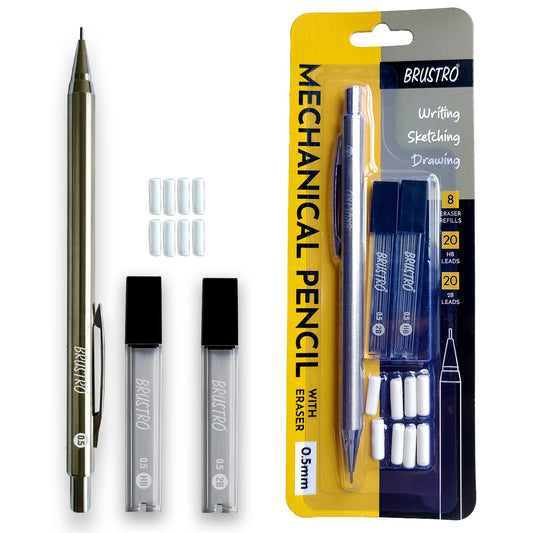 BRUSTRO Mechanical Pencil Set | HB-20 leads, 2B-20 leads, Spare eraser- 8 units|Tip size- 0.5 mm |Ideal for Students,Adults, Home,School,Office,Stationery Use |Writing, Sketching, Drawing, Mandala Art