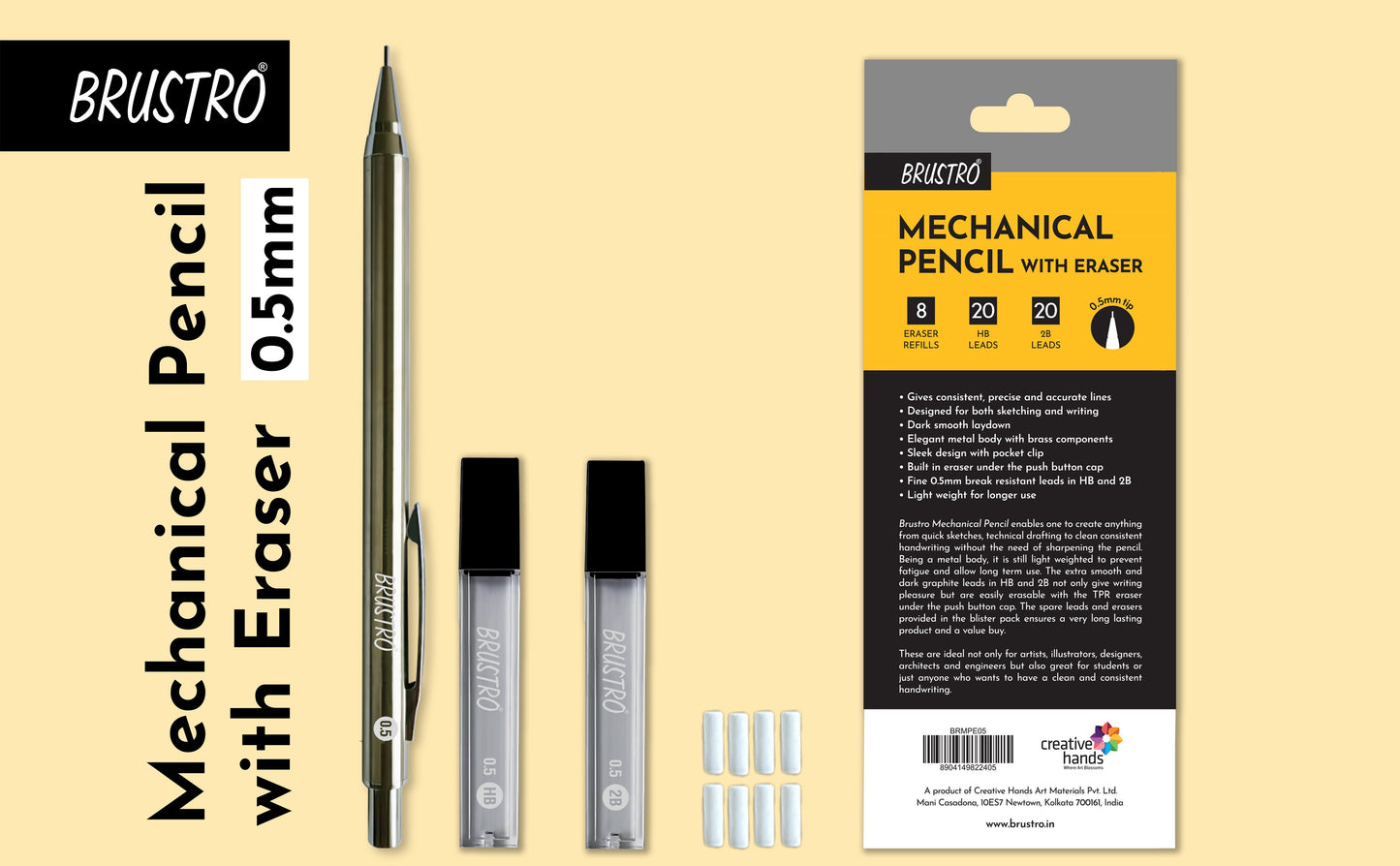 BRUSTRO Mechanical Pencil with Eraser 0.5mm Writing/Sketching/Drawing Spare leads HB-20 units. 2B-20 units Spare eraser- 8 units