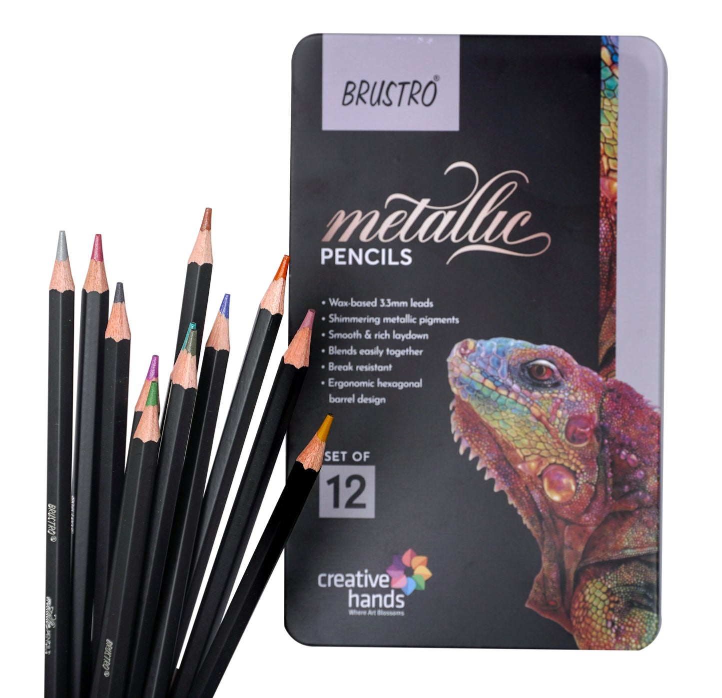 BRUSTRO Artist Metallic Colour Pencil Set of 12 Shades, 3.3mm lead With Wiro Bound Sketch Book, A5 (5.8x8.3 Inches), 120 Pages, 160 GSM|Ideal for Drawing, Sketching, Shading,Mandala Art