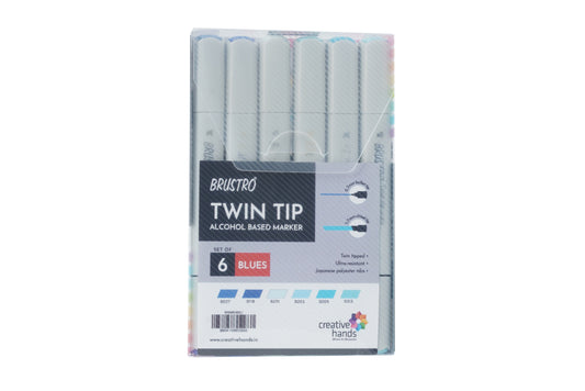 BRUSTRO Twin Tip Alcohol Based Marker Set of 6 (Blues) in Crossline PP See Through Box