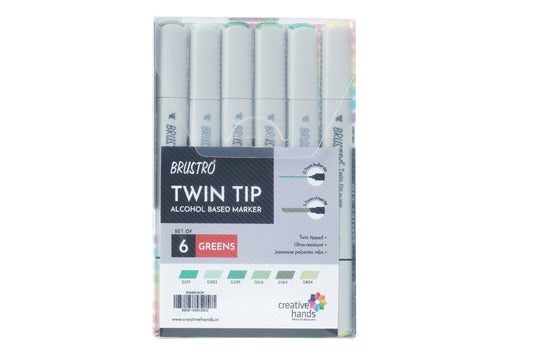 BRUSTRO Twin Tip Alcohol Based Marker Set of 6 (Greens) in Crossline PP See Through Box